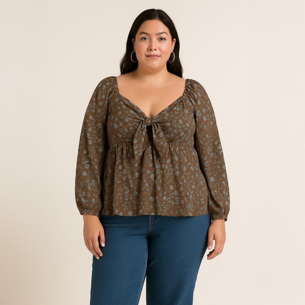 A519 • Mocha Tie Front Smocked Peplum Blouse